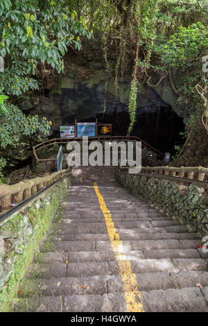 Scale presso l'entrata dell'Manjanggul tubo di lava grotta di Jeju Island nella Corea del Sud. Foto Stock