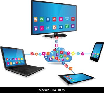 Il cloud computing concept design. Dispositivi collegati alla "nuvola". Illustrazione Vettoriale