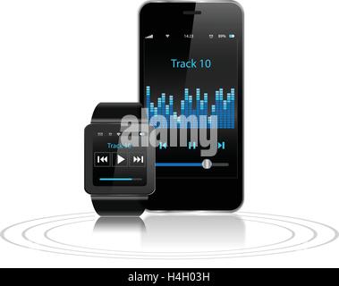 Touchscreen nero Smartwatch e smart phone con app Musica icona sullo schermo Illustrazione Vettoriale