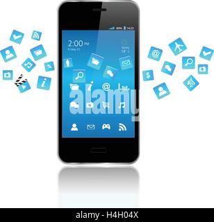 Nero smartphone touchscreen con coloratissime icone delle applicazioni condivisione Illustrazione Vettoriale