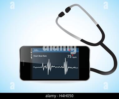 Smartphone con monitor per la frequenza cardiaca funzione. Illustrazione Vettoriale