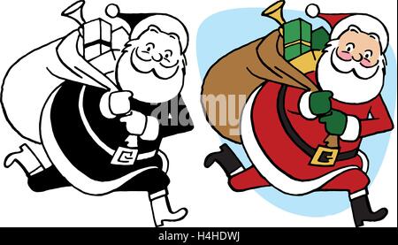 Santa Claus in esecuzione con un sacco di regali Illustrazione Vettoriale