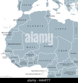 Africa occidentale paesi mappa politico con i confini nazionali. Paese di lingua inglese nomi. Illustrazione. Illustrazione di grigio. Foto Stock