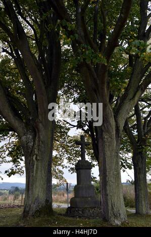 Croce salire su una pietra blu base tra due vecchie querce. Foto Stock