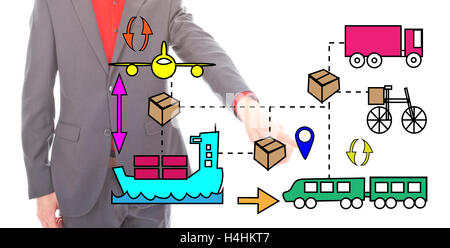 Giovane imprenditore con icone di logistica isolati su sfondo bianco Foto Stock