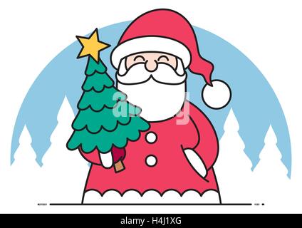 Sottile linea art design piatto di Santa Claus portando ad albero di Natale. Illustrazione Vettoriale