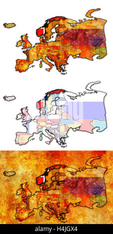 Alcuni molto vecchi grunge mappa di Norvegia con bandiera sulla mappa di Europa Foto Stock