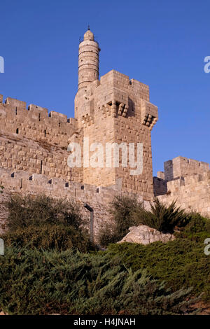 La Torre fortificata di David, noto anche come la cittadella di Gerusalemme e ottomano mura che circondano il bordo occidentale della città vecchia di Gerusalemme Est Israele Foto Stock