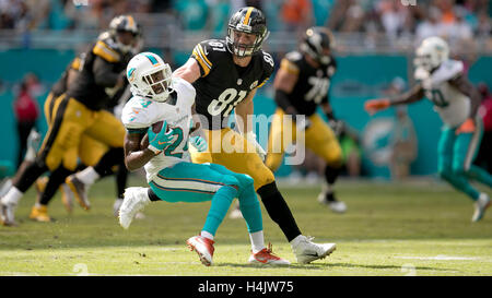 Giardini di Miami, Florida, Stati Uniti d'America. Xvi oct, 2016. I Delfini di Miami di sicurezza forte Isa Abdul-Quddus (24) viene affrontato da Pittsburgh Steelers stretto fine Jesse James (81) interepting dopo un passaggio nel terzo trimestre al Hard Rock Stadium di Miami, in Florida, il 16 ottobre 2016. Credito: Allen Eyestone/Palm Beach post/ZUMA filo/Alamy Live News Foto Stock