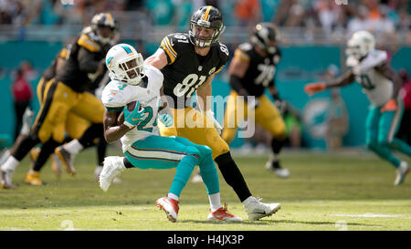 Giardini di Miami, Florida, Stati Uniti d'America. Xvi oct, 2016. I Delfini di Miami di sicurezza forte Isa Abdul-Quddus (24) viene affrontato da Pittsburgh Steelers stretto fine Jesse James (81) interepting dopo un passaggio nel terzo trimestre al Hard Rock Stadium di Miami, in Florida, il 16 ottobre 2016. Credito: Allen Eyestone/Palm Beach post/ZUMA filo/Alamy Live News Foto Stock