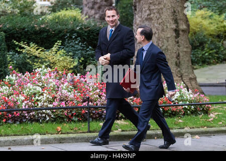 A Downing Street, Londra, il 18 ottobre 2016. Segretaria di salute Jeremy Hunt, sinistra e Segretario gallese Alun Cairns arrivano al settimanale di riunione del gabinetto al 10 di Downing Street a Londra. Credito: Paolo Davey/Alamy Live News Foto Stock