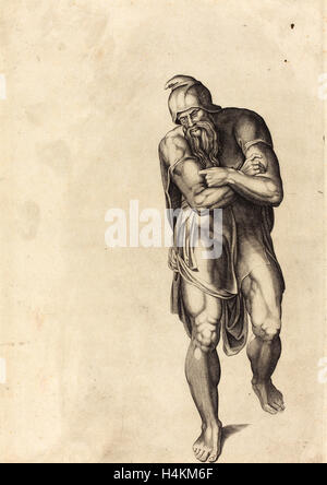 Nicolaus Beatrizet dopo Michelangelo (francese, 1515 - 1565 o dopo), di estensione uomo, con incisione da imbianchino Foto Stock