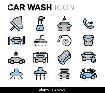 Vettore di linea piatta per il lavaggio di auto set di icone su sfondo bianco Illustrazione Vettoriale