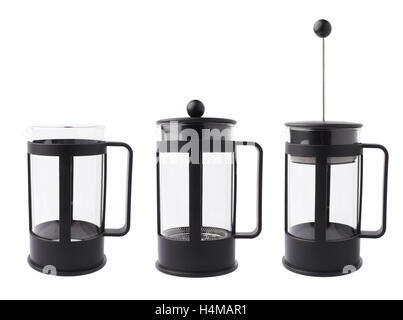 French press vaso caffettiera composizione isolata su sfondo bianco Foto Stock