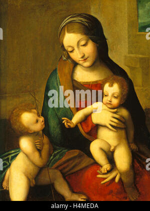 Dopo Correggio, Madonna con Bambino e Neonato San Giovanni, c. 1510, olio su pannello Foto Stock