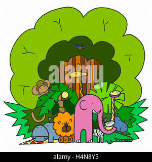 Illustrazione Azienda Cartoon animali nella giungla Foto Stock