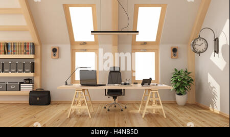 Ufficio moderno in mansarda con scrivania in legno, libreria e due finestre - 3d rendering Foto Stock