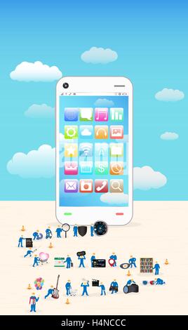 Gruppo di mini lavoratore la costruzione di uno smartphone Illustrazione Vettoriale
