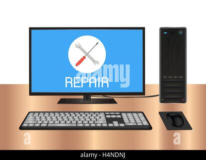 Computer desktop con il logo di riparazione sullo schermo Illustrazione Vettoriale