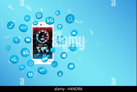 Smartphone con il test di velocità e la schermata icona applicazioni floating Illustrazione Vettoriale