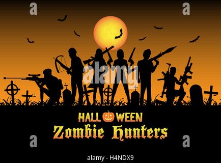 Halloween cacciatori di zombie team al cimitero Illustrazione Vettoriale