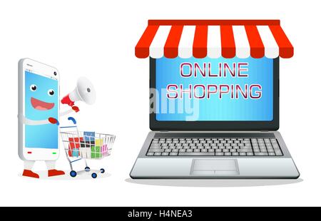 Smartphone cartoon lo shopping al laptop online store Illustrazione Vettoriale
