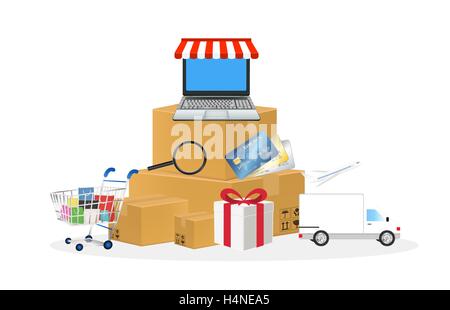 Online store oggetto con carrello box portatile carta di credito camion e aereo Illustrazione Vettoriale
