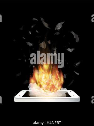 Rotto esplosione dello smartphone con un fuoco che brucia Illustrazione Vettoriale