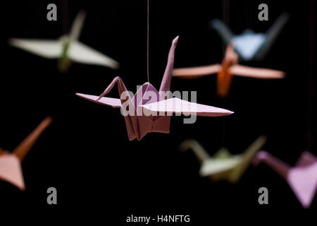 Origami gru carta colorata su sfondo nero Foto Stock