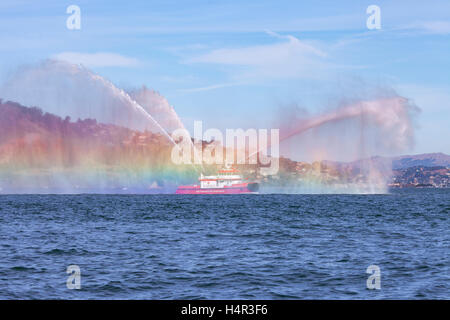 San Francisco Fireboat 3 Spruzzare acqua sulla Baia di San Francisco. Foto Stock