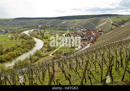 Vista di Escherndorf sul Mainschleife, fiume Main loop, vicino Volkach, Franconia, Bavaria Foto Stock