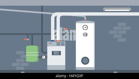 Caldaia nel seminterrato di casa, moderno il risparmio energetico del sistema di riscaldamento Illustrazione Vettoriale