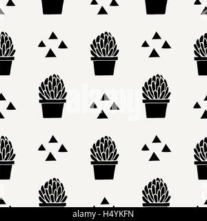 Disegnata a mano perfetta sequenza di ripetizione con forma triangolare e le piante succulente in nero lo sfondo color crema. Illustrazione Vettoriale