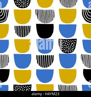 Disegnata a mano forme geometriche seamless modello di ripetizione in nero, blu, giallo senape e bianco. Illustrazione Vettoriale