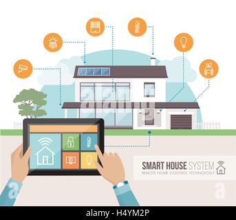 Casa intelligente sistema di controllo ed applicazione mobile su un tablet, casa contemporanea con set di icone sullo sfondo Illustrazione Vettoriale