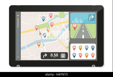 Dispositivo di navigazione gps e mappa della città con le spine e le icone, la tecnologia e il concetto di viaggio Illustrazione Vettoriale