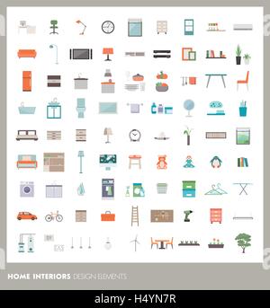 Camera Home Interiors gli elementi di design e set di icone: arredi, oggetti e apparecchi Illustrazione Vettoriale