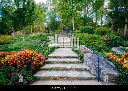 Giardino e scale presso il Parco delle Cascate sul Reedy, in Greenville, nella Carolina del Sud. Foto Stock