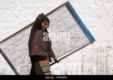 Il Tibetano donna che porta la griglia per ordinare la ghiaia, Old Lhatse, Tibet, Cina. Foto Stock