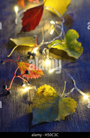 Foglie di autunno sulla tavola di legno e le luci di Natale incandescente Foto Stock