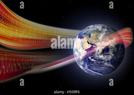 Concetto di tecnologia delle forme d'onda spazzare la terra. Fonte di blu il pianeta terra dalla NASA Visible Earth di dominio pubblico. Foto Stock