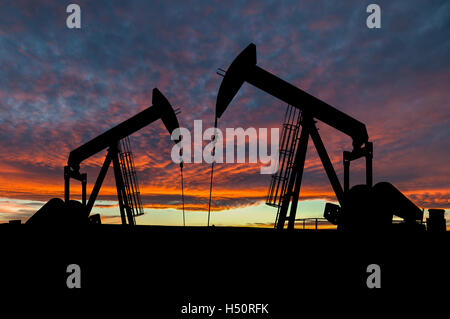 Drammatica cielo sopra due pumpjacks nelle zone rurali Alberta, Canada. Foto Stock