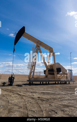 Un pumpjack estrazione di petrolio al di fuori di un overground e nelle zone rurali Alberta, Canada. Foto Stock