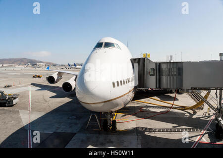 Focus sul naso di un aeromobile con passeggeri che è parcheggiato all'aeroporto di gate e collegato ad un ponte a getto. Foto Stock