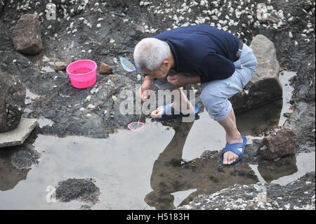 Qingdao, Qingdao, Cina. Xviii oct, 2016. Qingdao, CINA-ottobre 18 2016: (solo uso editoriale. Cina OUT) Persone la cattura di granchi e scavare per le vongole in spiaggia nei pressi di pre-mare ponte dopo l'alta marea astronomica a Qingdao, Cina orientale della provincia di Shandong, Ottobre 18th, 2016. © SIPA Asia/ZUMA filo/Alamy Live News Foto Stock