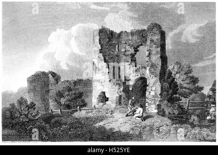 Un'incisione di Pevensey Castle, Sussex UK, scansionata ad alta risoluzione da un libro stampato nel 1812. Credevo libero da copyright. Foto Stock