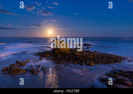 Solitario mare pila in corrispondenza di Charlie's Garden, Northumberland, al sorgere della luna con il Mare del Nord illuminato dalla luce lunare da un cacciatore di luna. Foto Stock