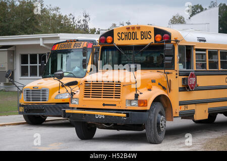 Gli autobus scolastici allineati davanti la scuola elementare nel piccolo North Florida cittadina di Fort bianco. Foto Stock