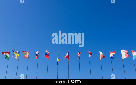 Fila di bandiere nazionali contro il cielo blu Foto Stock