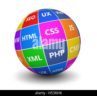 Web design e sviluppo di contenuti digitali multimediali concetto con linguaggi di programmazione firmare in un colorato mondo. Foto Stock